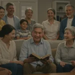 Bíblia e Relacionamentos: Guia para Fortalecer Vínculos em 2025 Pessoas de diferentes gerações reunidas em uma sala, com uma Bíblia aberta, simbolizando a união e o fortalecimento de laços familiares e de amizade.