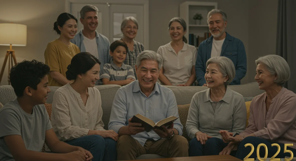 Pessoas de diferentes gerações reunidas em uma sala, com uma Bíblia aberta, simbolizando a união e o fortalecimento de laços familiares e de amizade.