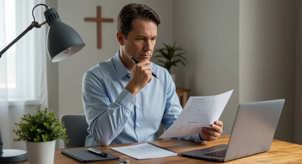 Pessoa analisando documentos financeiros com uma cruz ao fundo, representando planejamento e mordomia cristã.