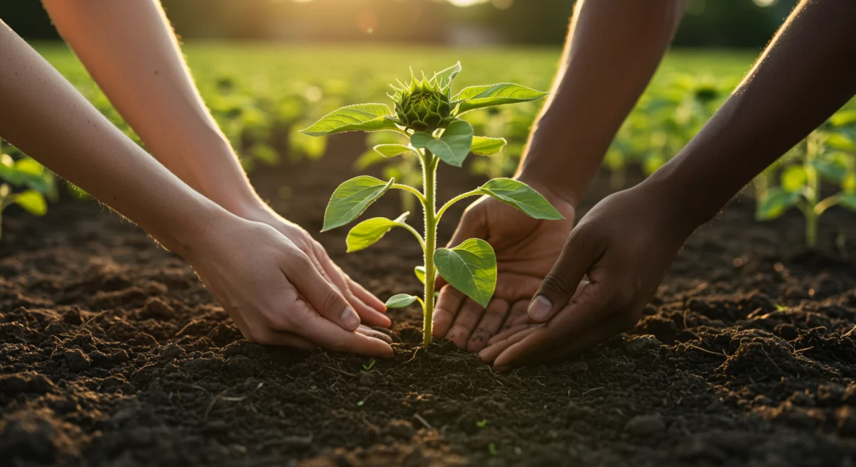 Planta saudável crescendo do solo, com mãos cuidando, simbolizando crescimento e gratidão.