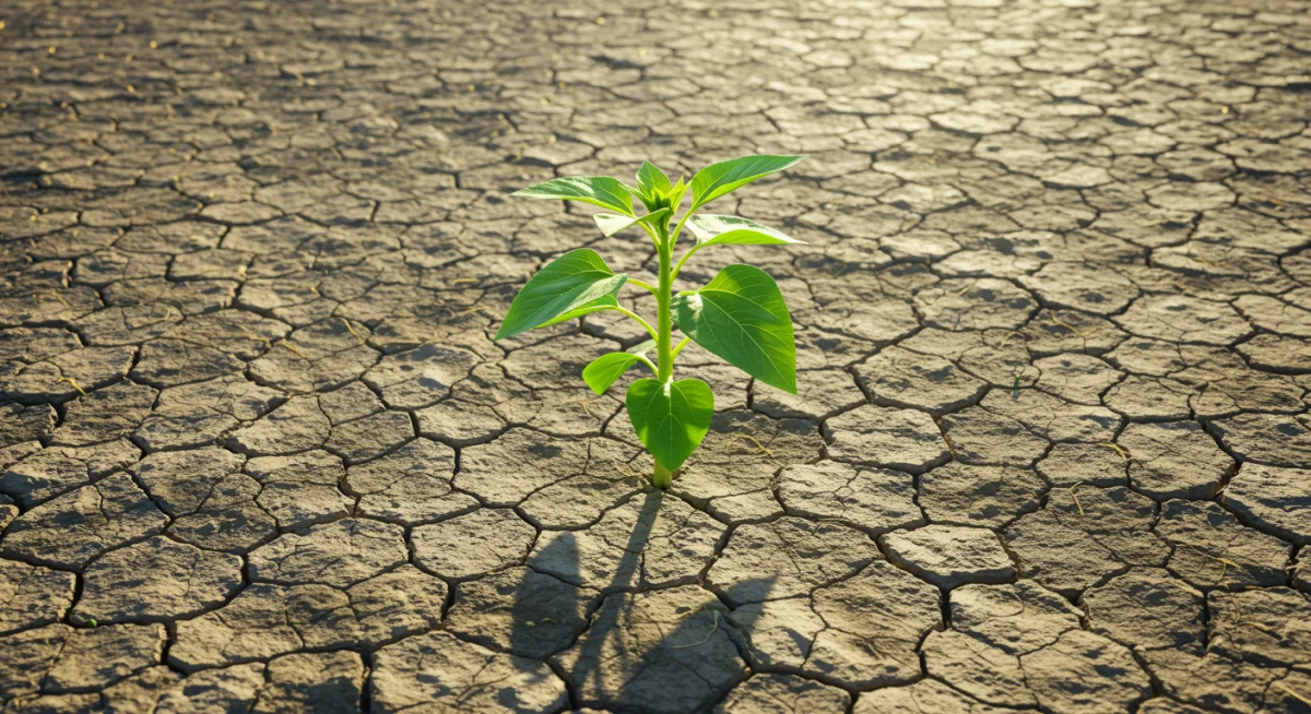 Planta verde vibrante brotando de terra seca, simbolizando renovação e o poder da cura divina.