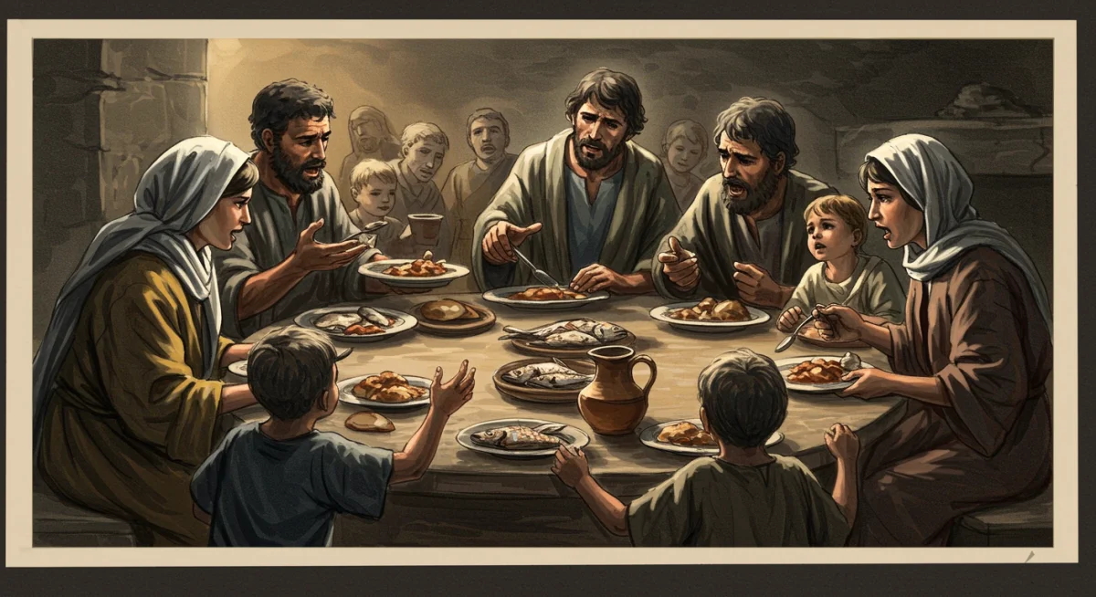 Cena de uma refeição comunitária após um milagre, com pessoas compartilhando alimentos e demonstrando alívio.