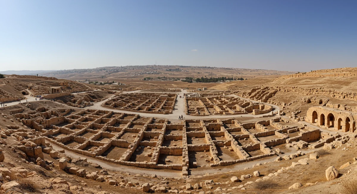 Vista panorâmica de ruínas de uma cidade antiga, revelando a complexidade da vida em tempos bíblicos.