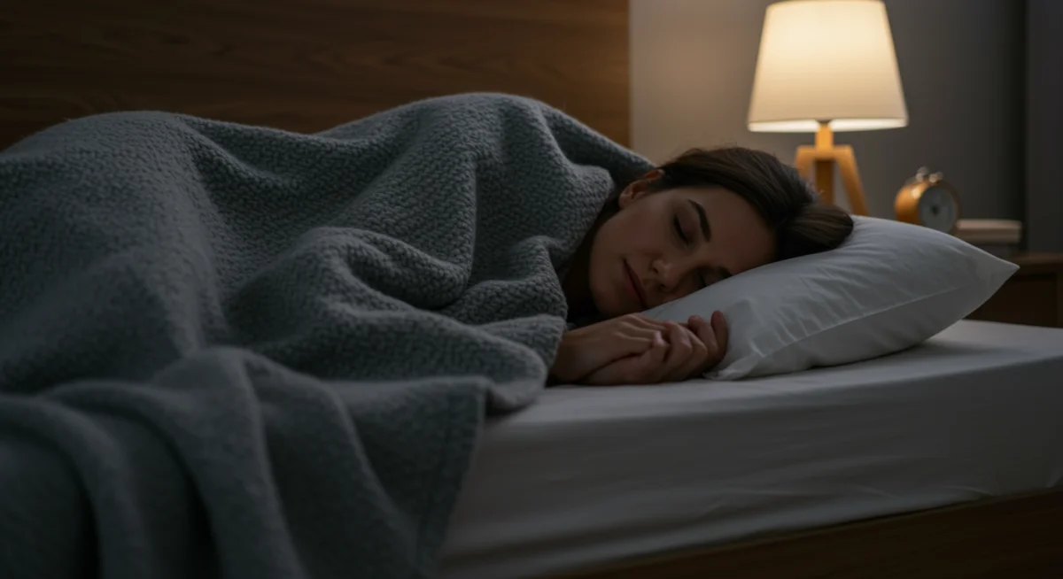 Pessoa dormindo tranquilamente na cama, coberta por um cobertor aconchegante, com um semblante de paz.