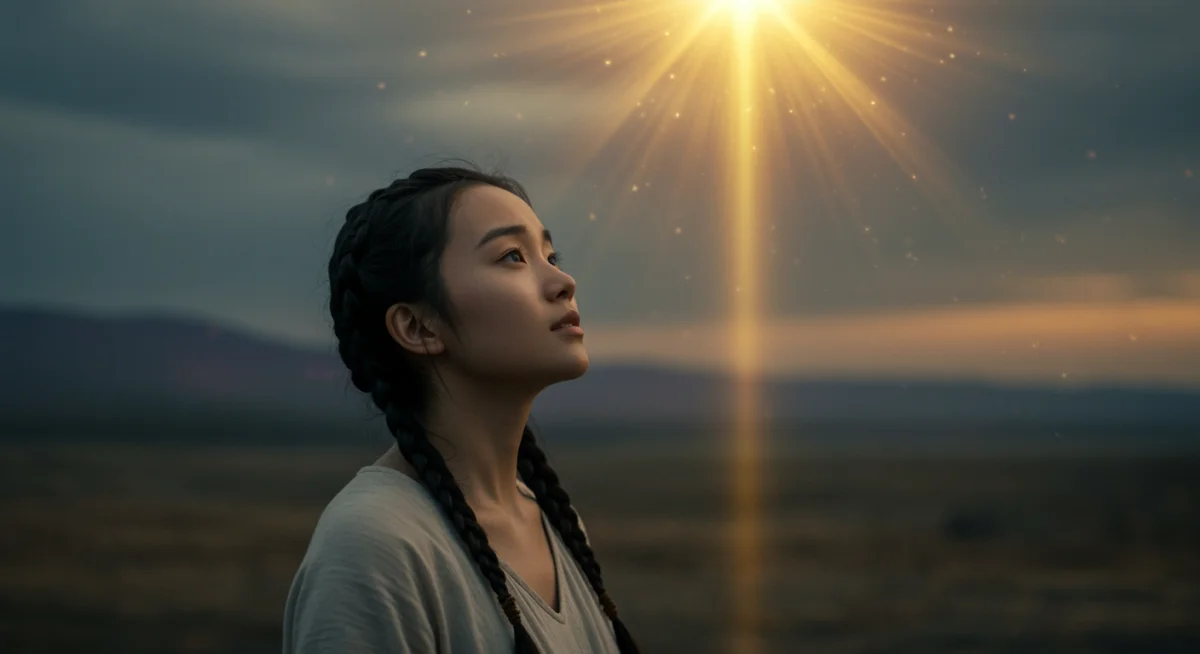 Pessoa olhando para uma luz brilhante, simbolizando superação de adversidades e encontro de paz interior e renovação após a luta.