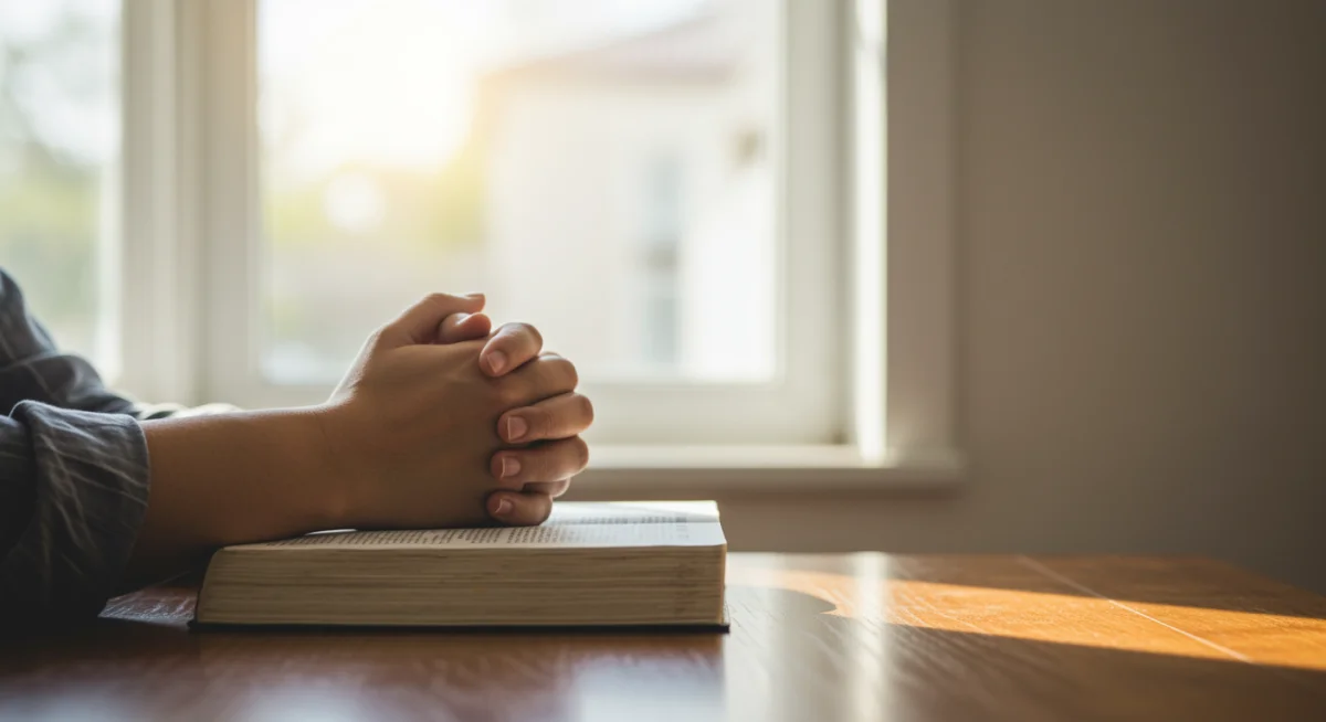 Pessoa com as mãos em oração sobre uma Bíblia aberta, simbolizando como superar a falta de motivação para orar.