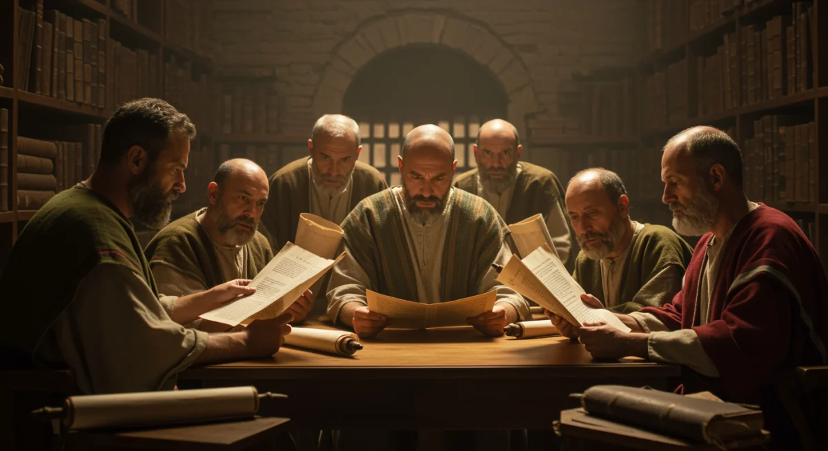 Teólogos cristãos primitivos debatendo sobre a canonicidade de textos religiosos.