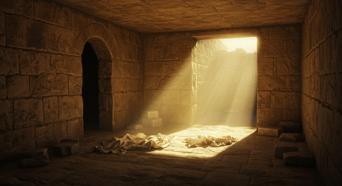 Representação artística do túmulo vazio de Jesus ao amanhecer, com os lençóis fúnebres.