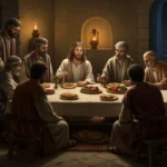 Representação artística da Última Ceia com Jesus e seus discípulos, com elementos do cardápio e costumes da época.