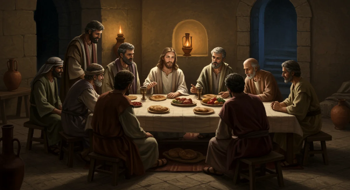 Representação artística da Última Ceia com Jesus e seus discípulos, com elementos do cardápio e costumes da época.