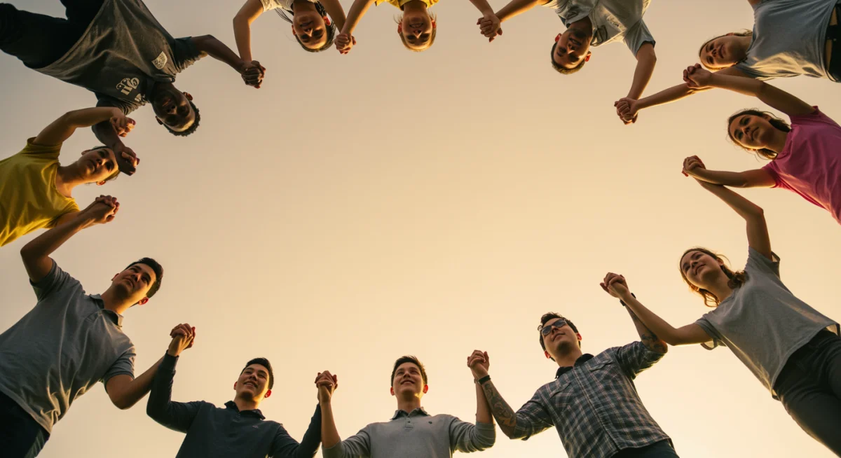 Grupo diverso de pessoas de mãos dadas em círculo, olhando para cima com expressões de união e fé coletiva.