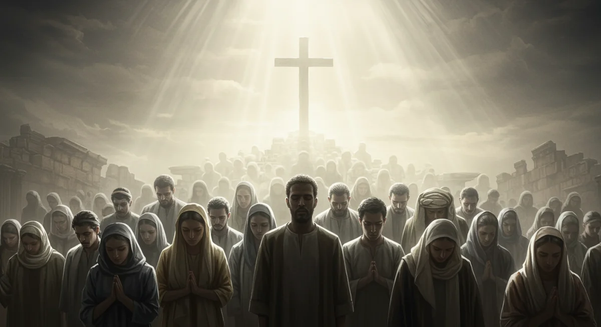 Pessoas diversas em oração, simbolizando a unidade da fé e a esperança em meio aos tempos proféticos.