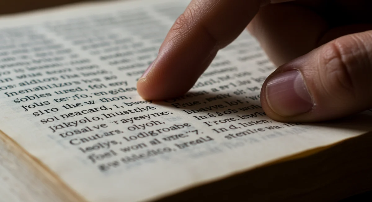 Dedo apontando para um versículo na Bíblia, mostrando como usar a Palavra de Deus na oração.
