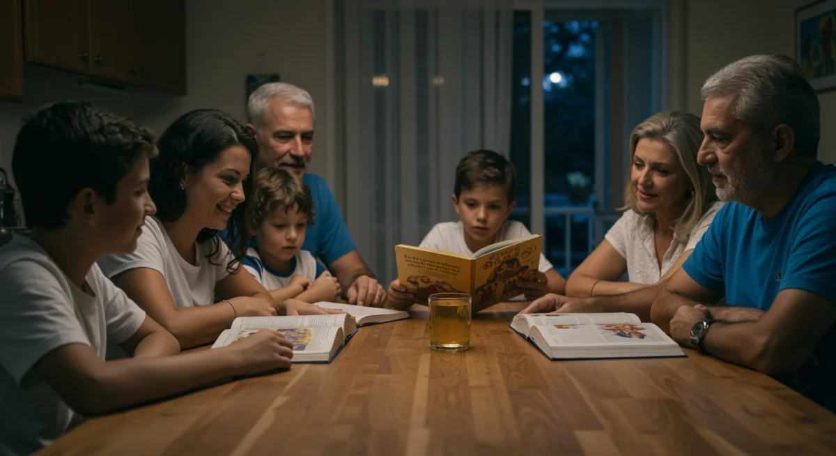 Família brasileira moderna lendo e discutindo histórias bíblicas, transmitindo valores entre gerações.