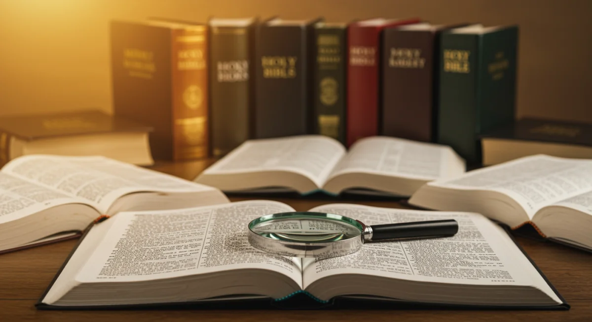 Diferentes versões da Bíblia abertas em uma mesa, simbolizando o estudo e a comparação de traduções no Brasil.
