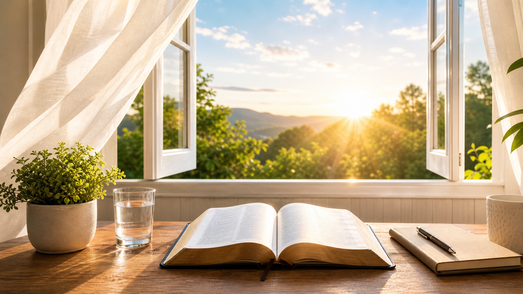 Janela aberta com Bíblia e luz de amanhecer, simbolizando oração para começar o dia.