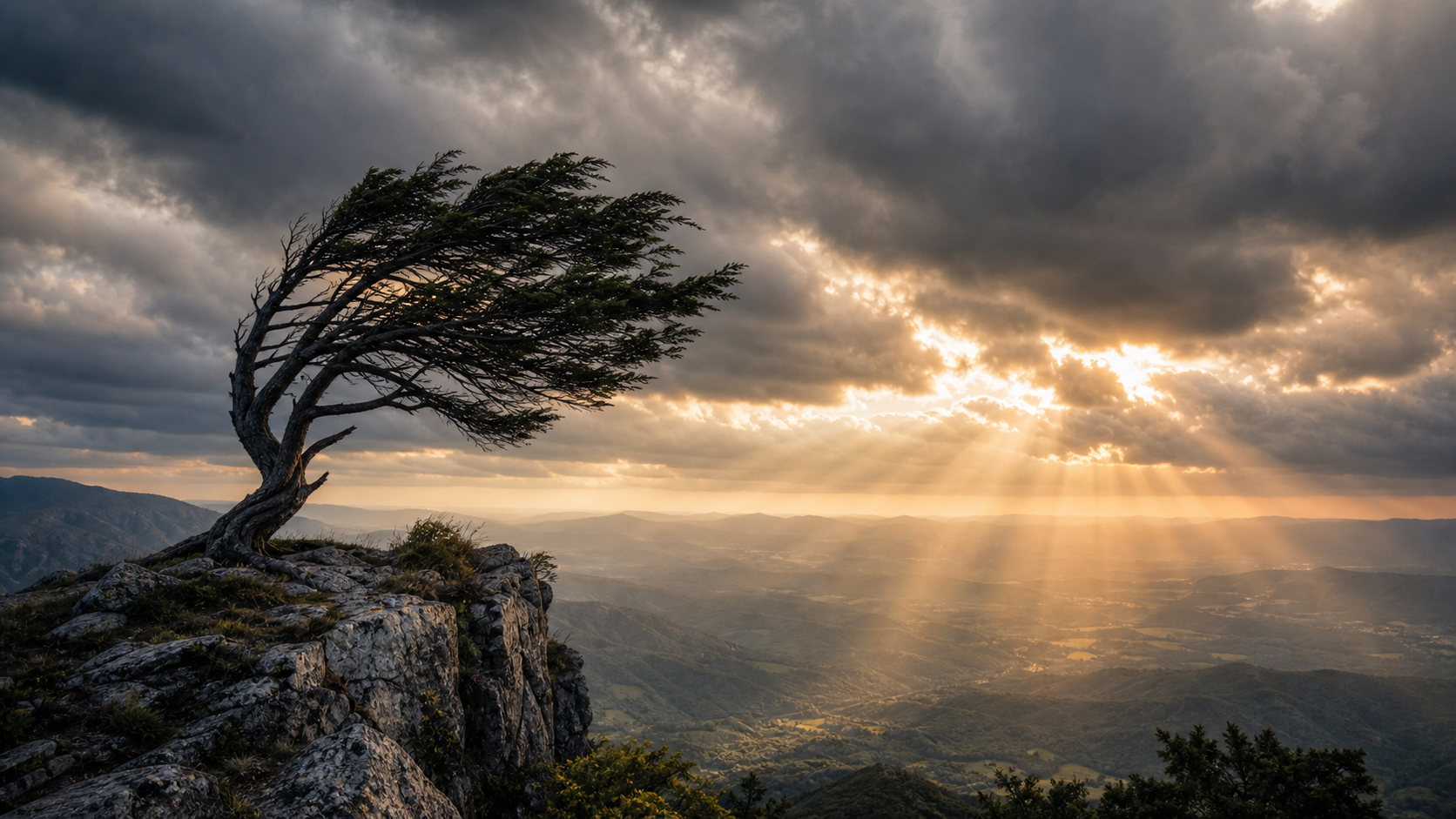 Árvore firme em penhasco sob vento e luz, simbolizando força em momentos difíceis.