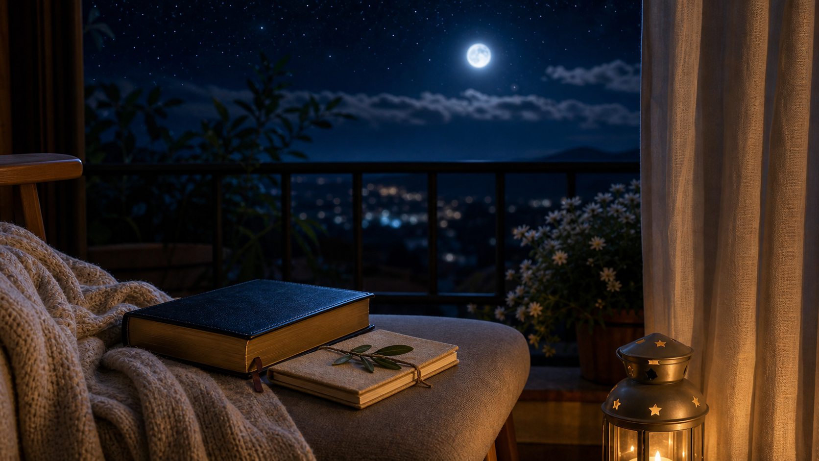 Janela noturna com Bíblia e diário, simbolizando paz e gratidão antes de dormir.