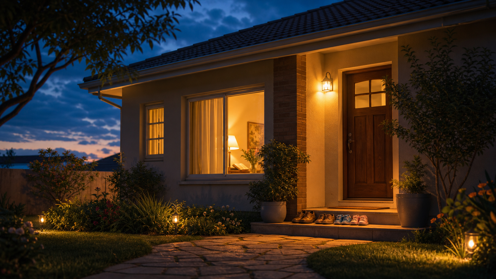 Casa familiar iluminada ao anoitecer, simbolizando proteção sobre o lar.