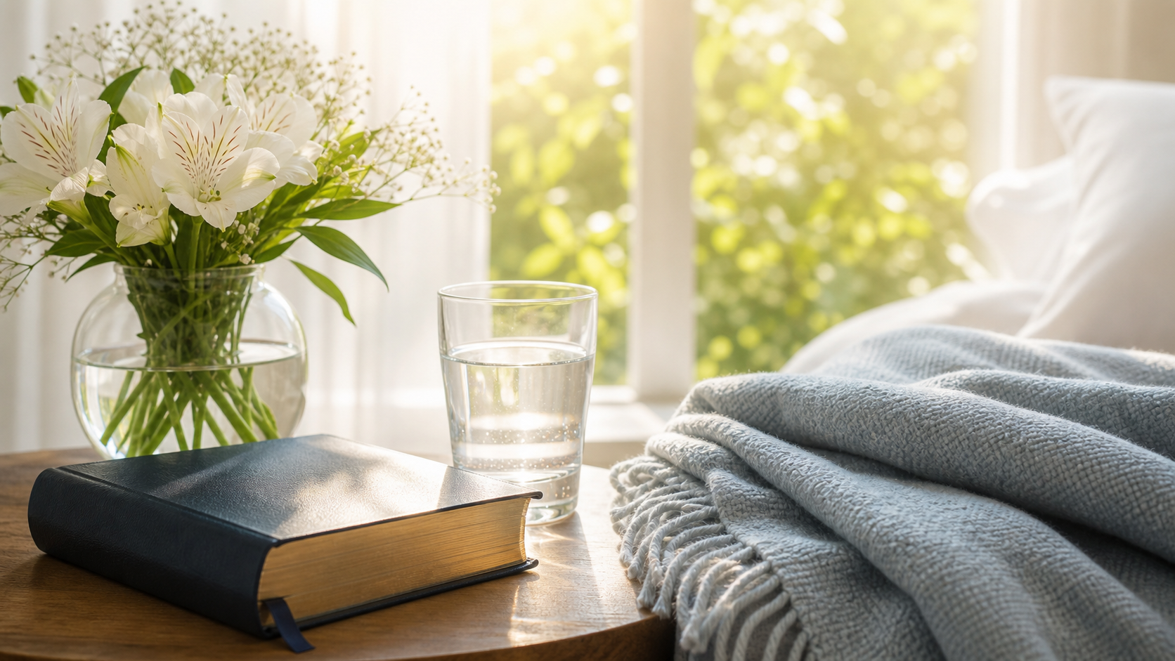 Mesa ao lado da cama com Bíblia, água e flores, simbolizando cura e restauração.