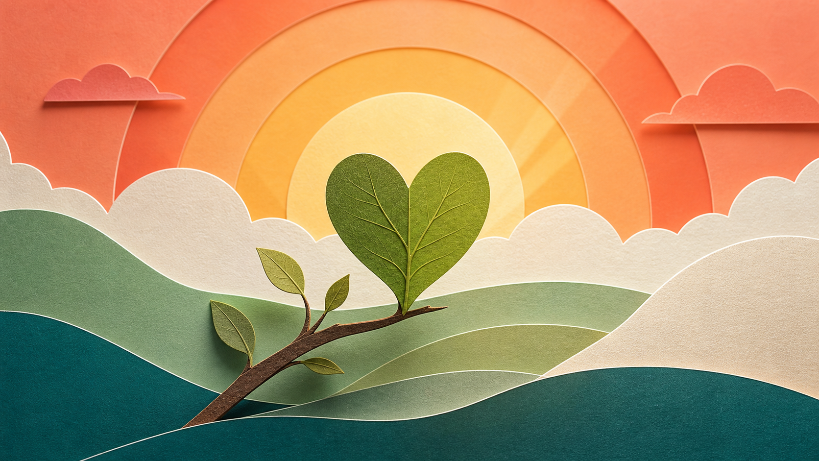 Ilustração em papel recortado com coração, folha e amanhecer, simbolizando renovação.