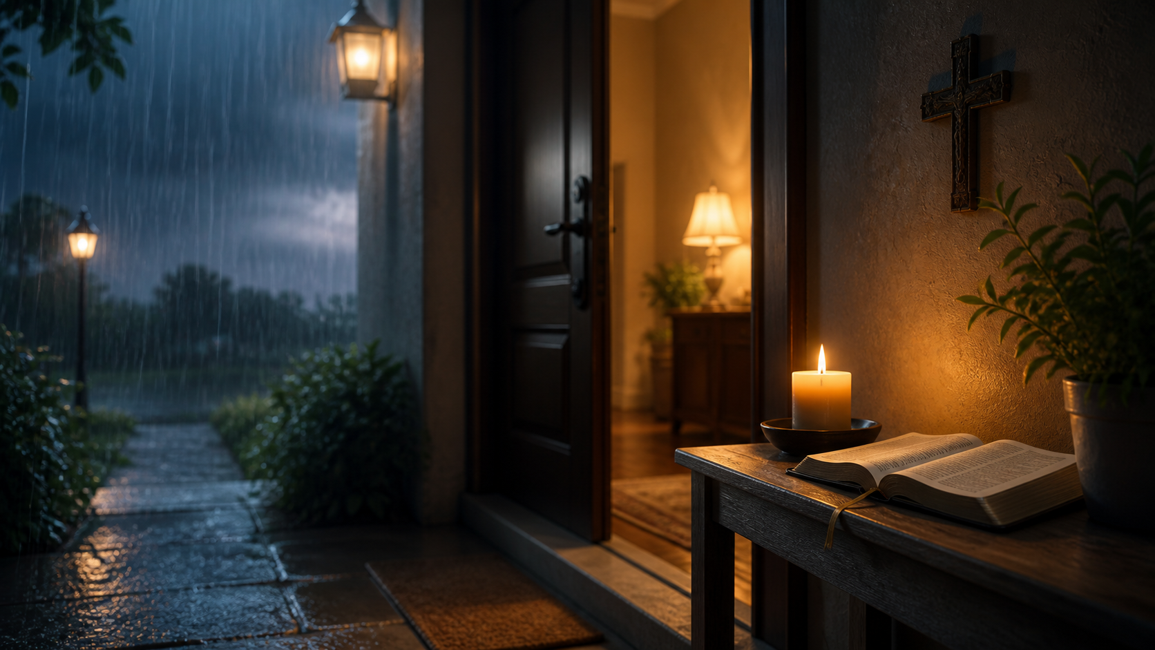 Entrada de casa iluminada durante chuva, simbolizando proteção espiritual.