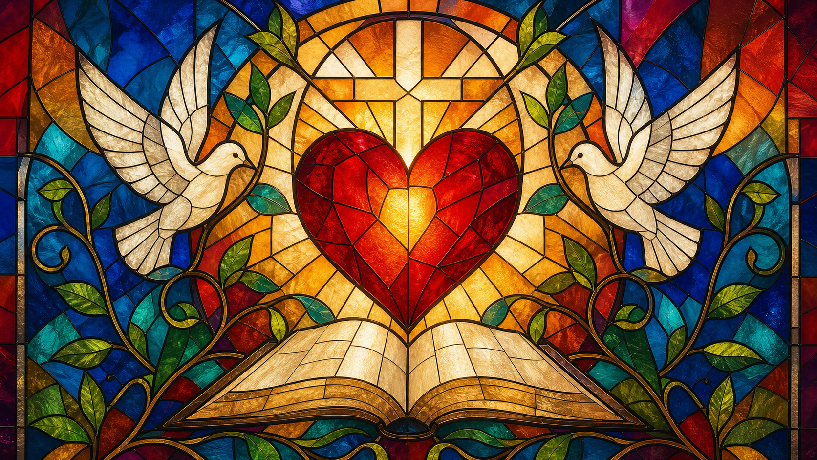 Ilustração inspirada em vitral com formas de amor bíblico.