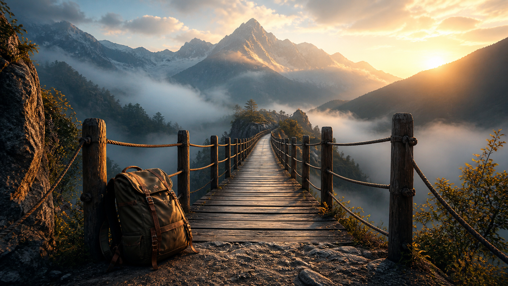 Ponte sobre vale enevoado e mochila, simbolizando entregar tudo nas mãos de Deus.