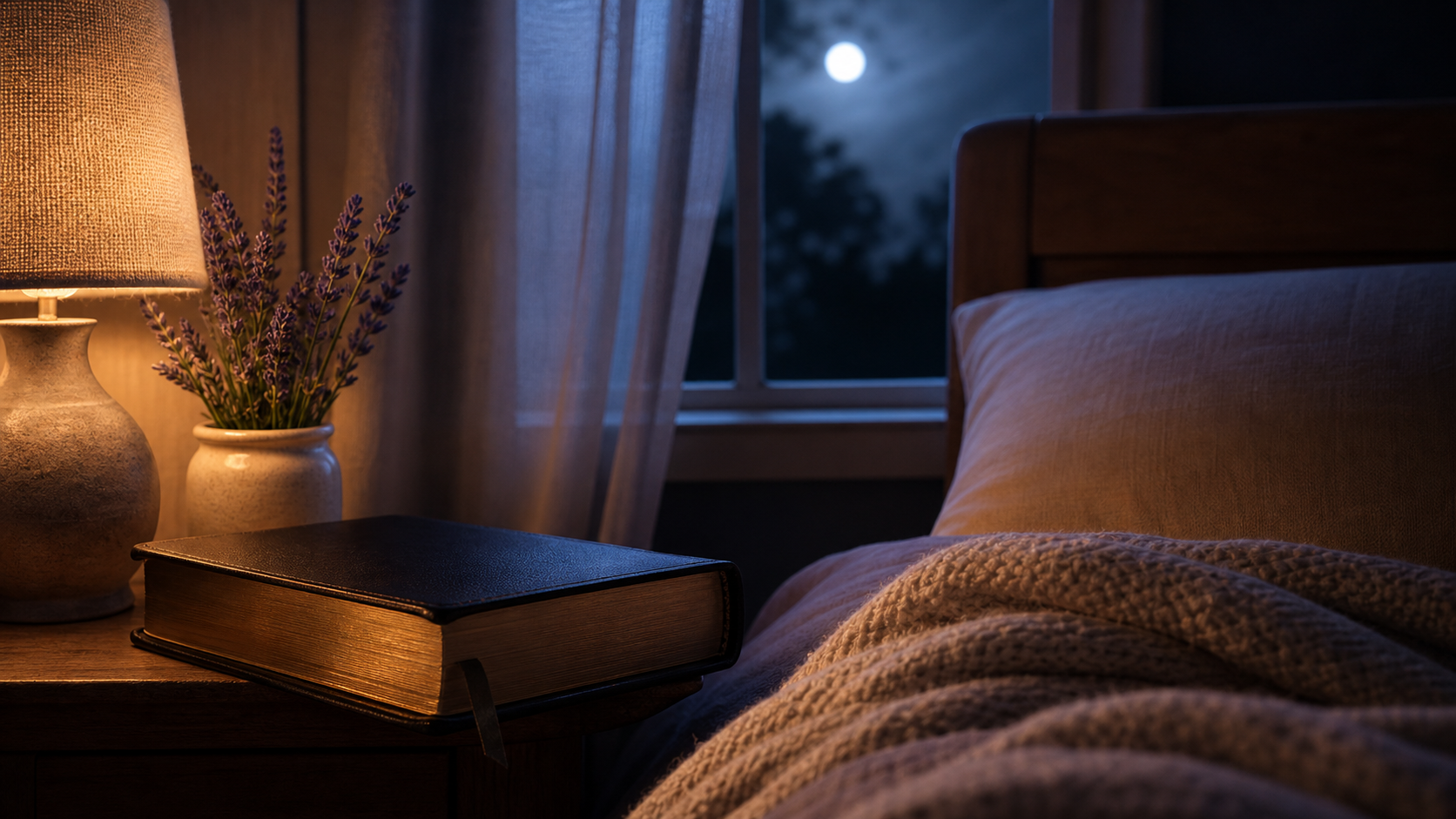Mesa de cabeceira com Bíblia e luz noturna, simbolizando oração antes de dormir.