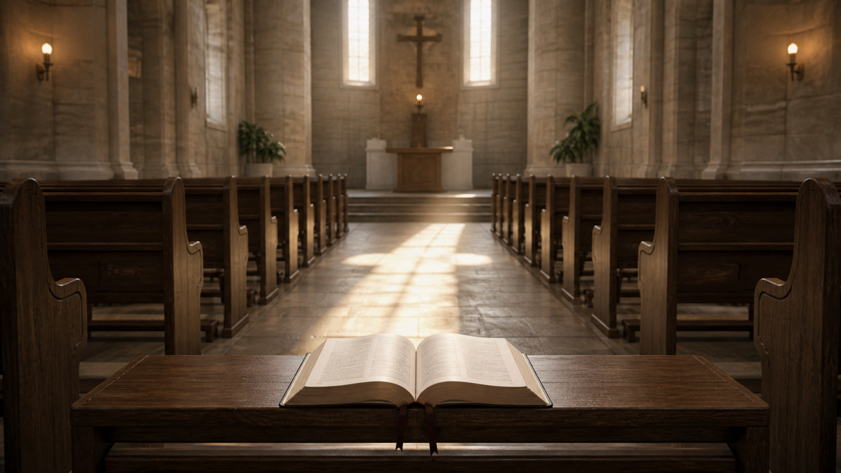 Interior de igreja simples com luz reverente, simbolizando a oração do Pai Nosso.