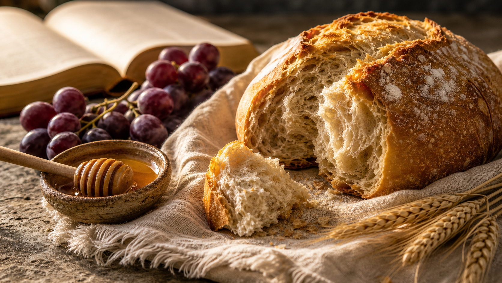 Pão, mel e frutos em mesa rústica, simbolizando provar e ver a bondade do Senhor.