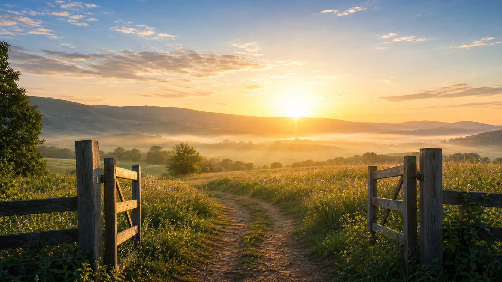 Caminho no campo ao amanhecer, simbolizando começar o dia com Deus.