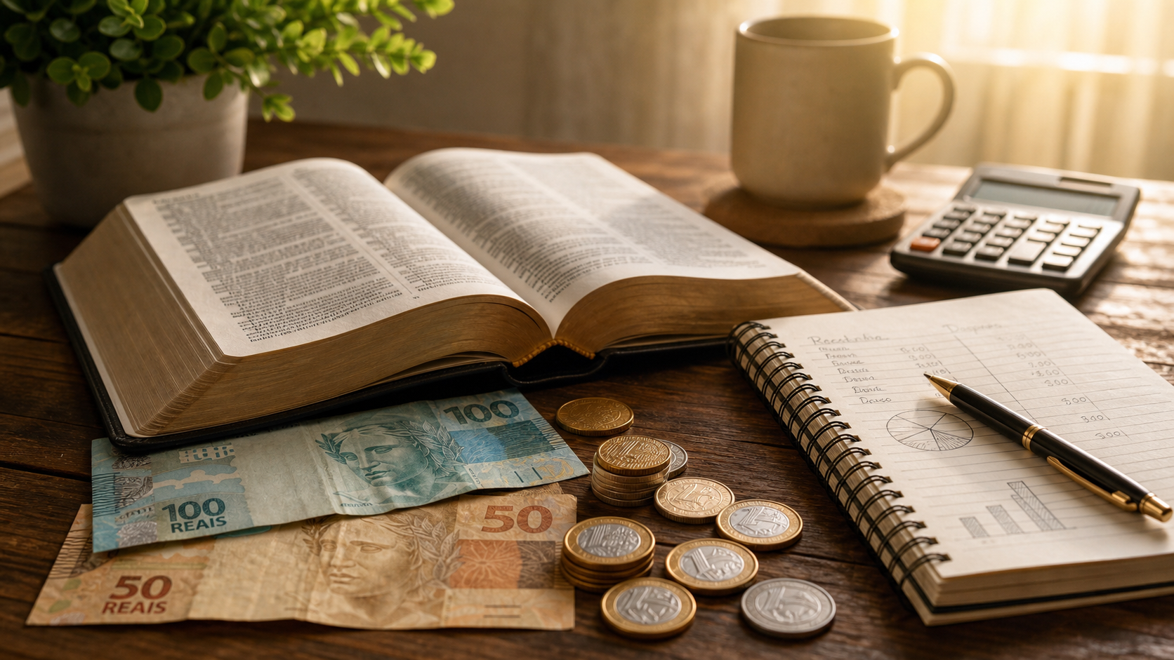 Biblia aberta sobre uma mesa com dinheiro em reais, moedas, calculadora e caderno de orcamento, simbolizando financas segundo a Biblia.