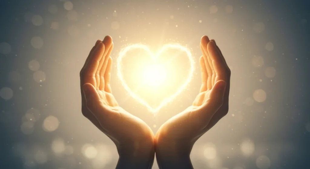 Coração de luz emergindo de mãos abertas, símbolo da abertura para o amor