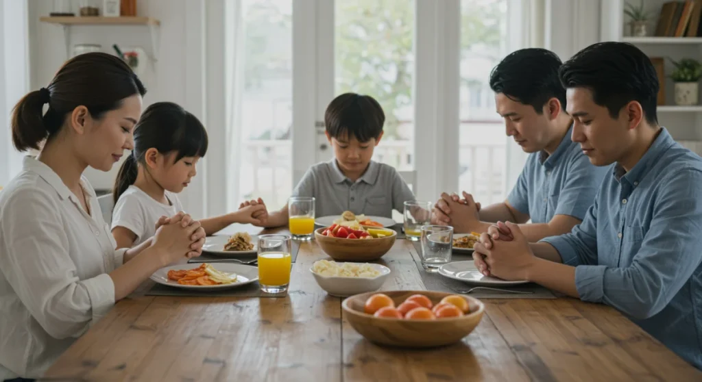 Família orando junta antes de uma refeição, vivendo valores cristãos