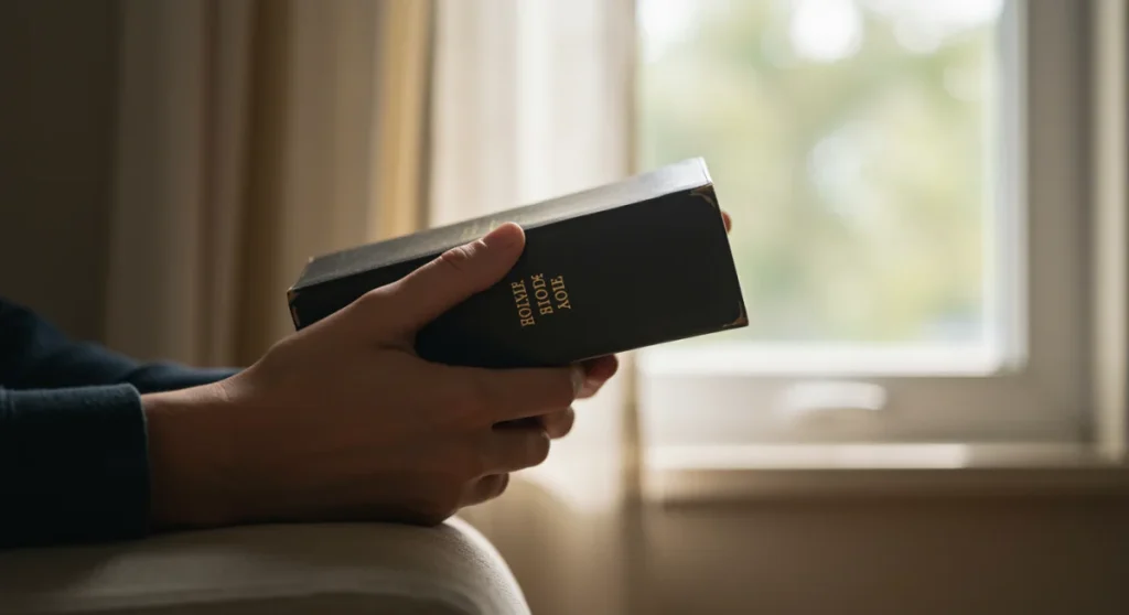 Mãos segurando uma Bíblia em um momento de devoção pessoal