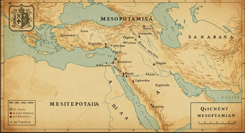 Mapa da antiga Mesopotâmia com rios e cidades bíblicas em estilo pergaminho