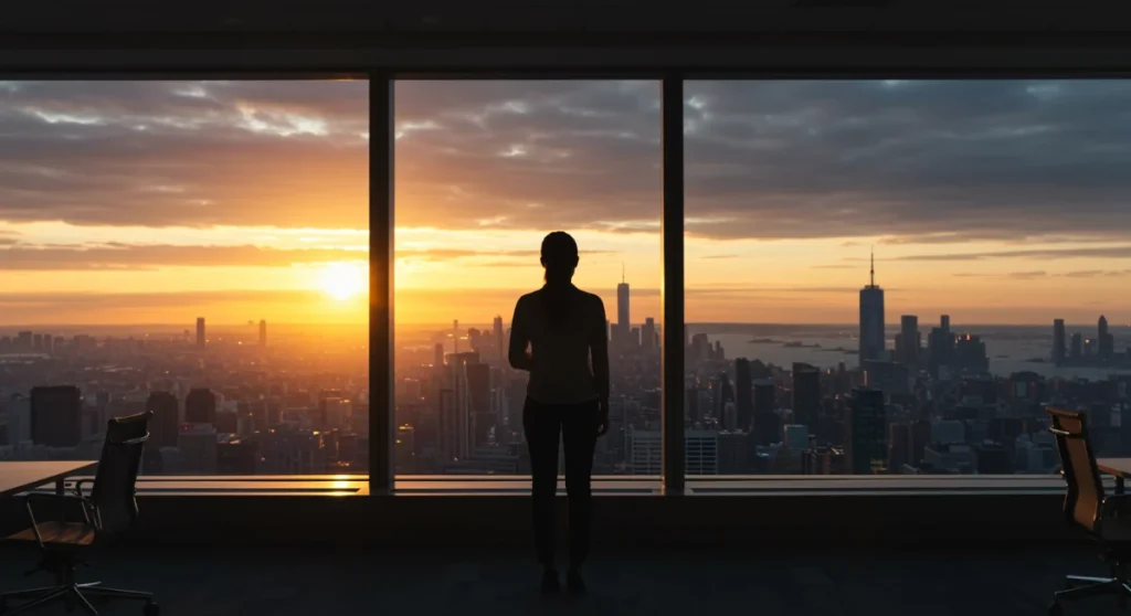 Mulher contemplando o nascer do sol pela janela do escritório, buscando propósito no trabalho