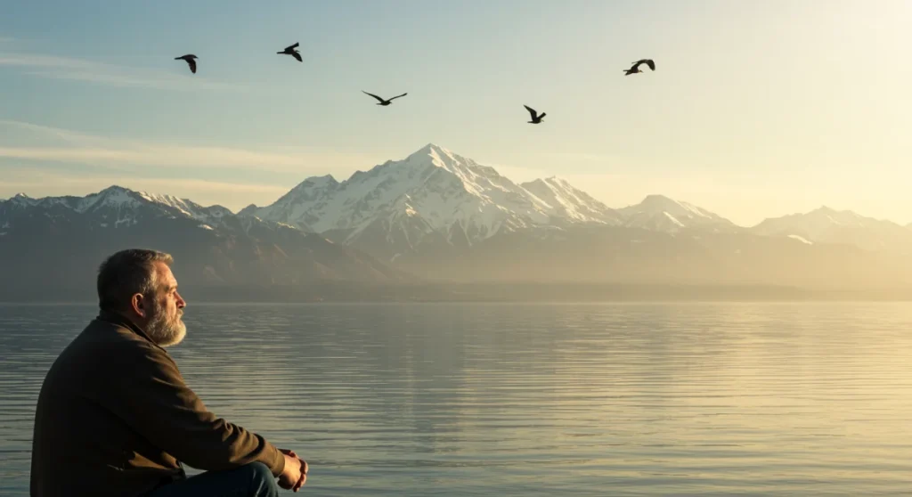 Paisagem serena com lago calmo e montanhas, transmitindo a paz da criação de Deus