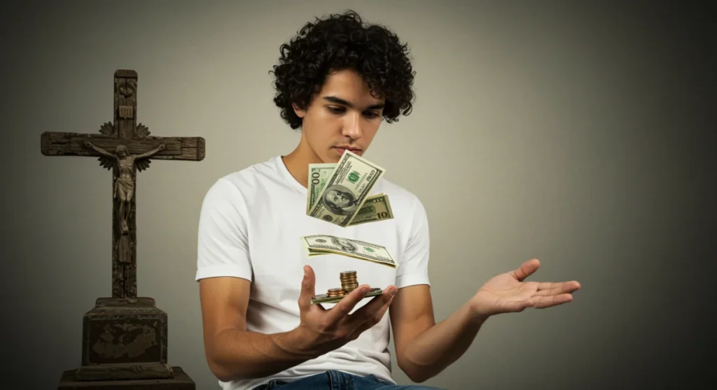 Pessoa equilibrando moedas e notas, representando planejamento financeiro com fé